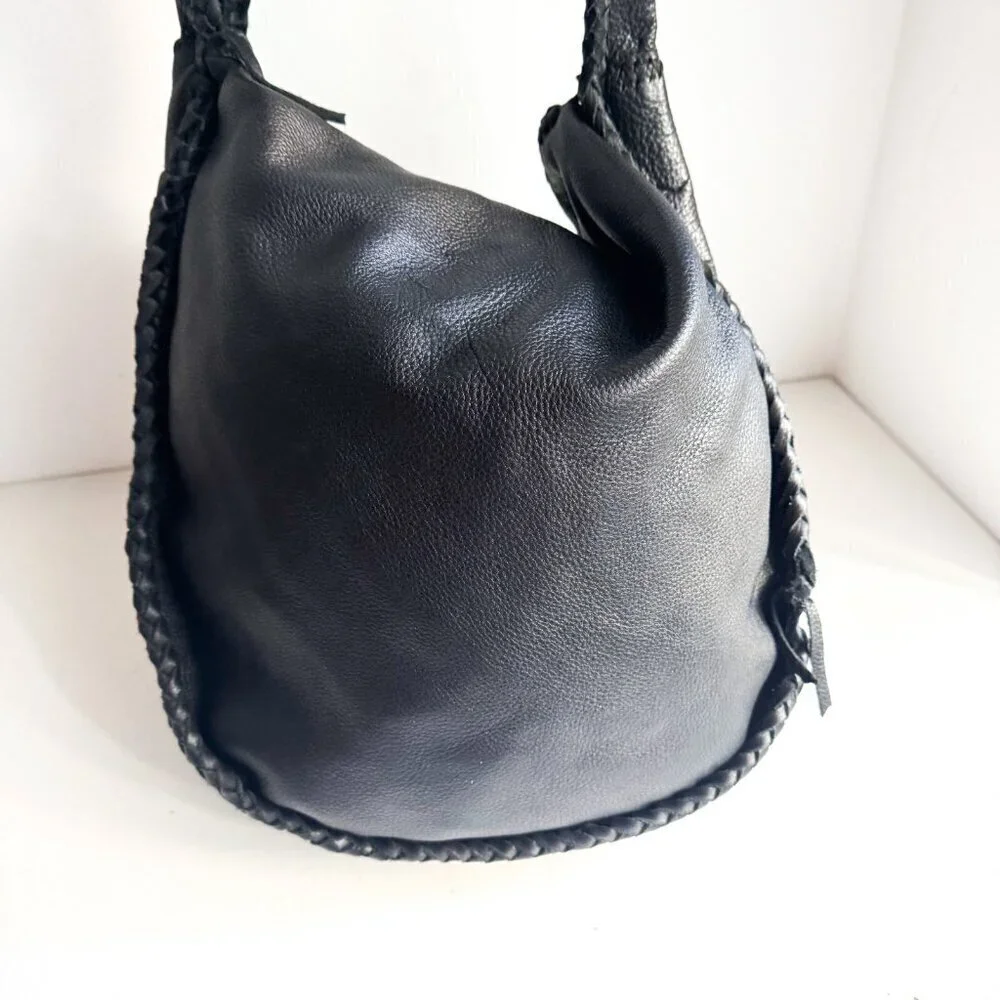 Vintage Black Leather Whipstitch Detail Slouchy Hobo Bag